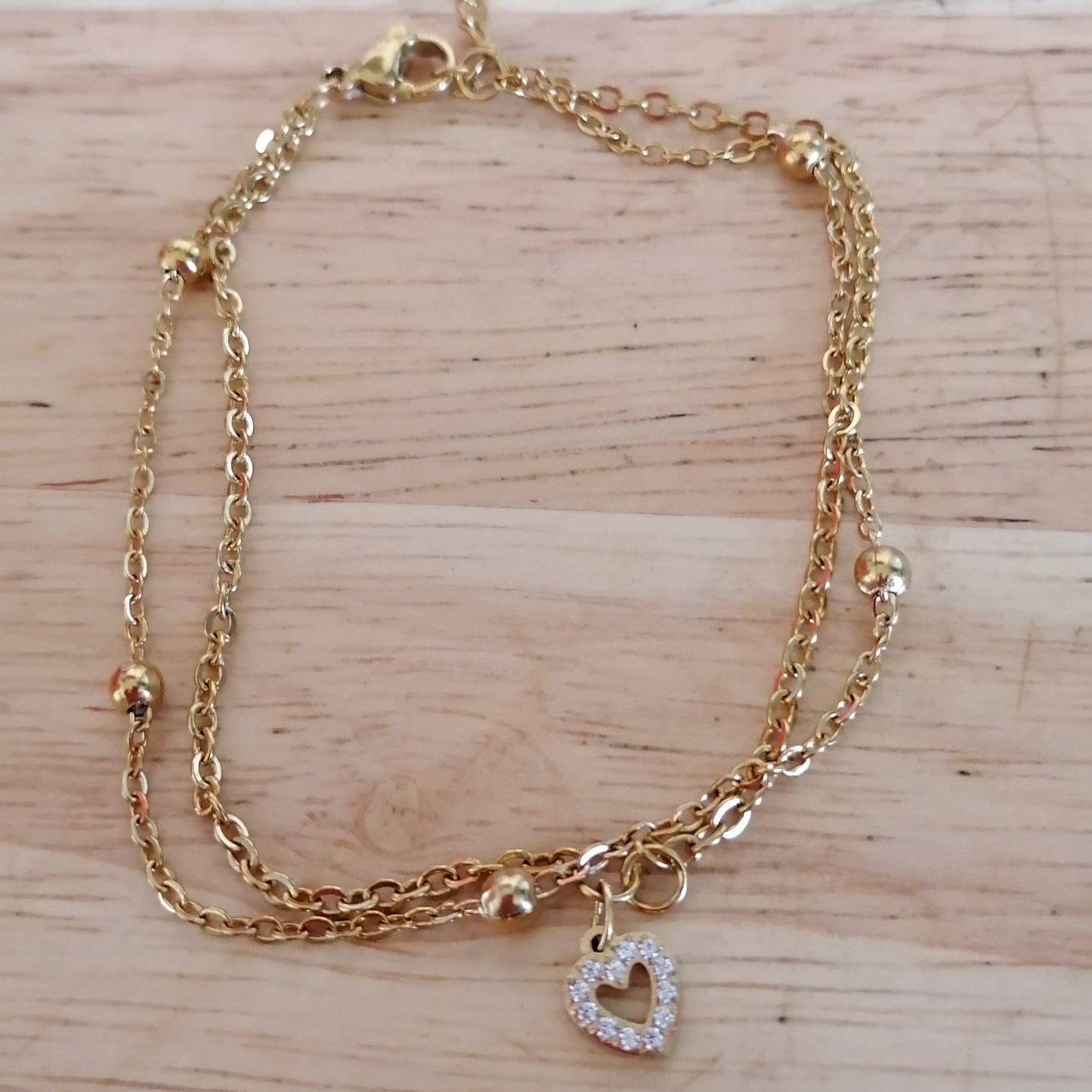 💖 Hélène fait main en acier inoxydable doré – Double chaîne & pendentif cœur diamanté 💖