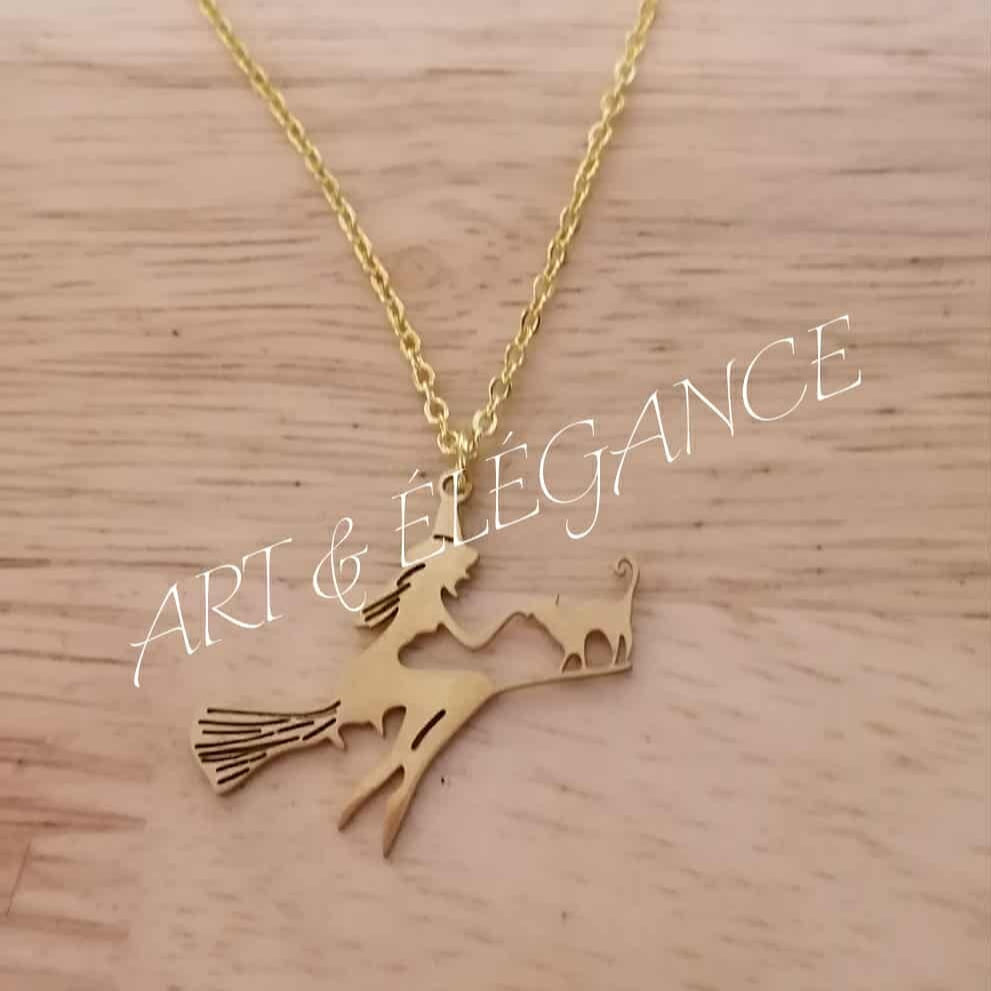 ✨ Violette Sorcière & Chat – Acier Inoxydable Or & Argent ✨