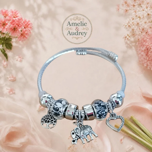 Jonc "Aurélia" en Acier Inoxydable – Argent, Arbre de Vie, Éléphant & Cœur
