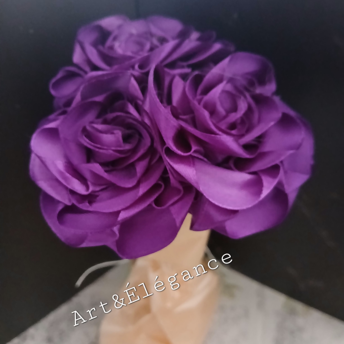 Bouquet de 3 roses satin faites main violette