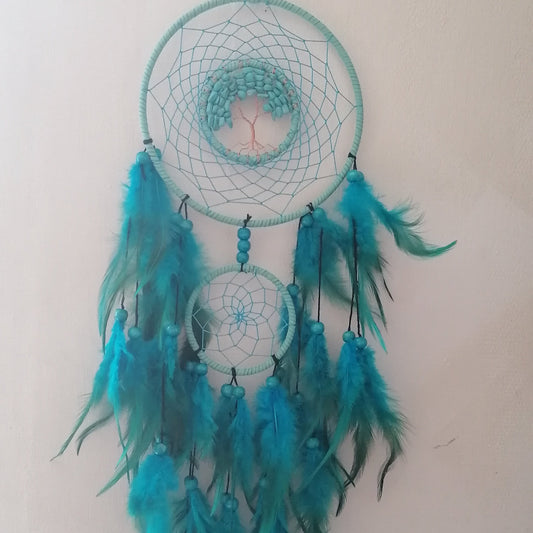 ✨ Attrape-Rêves Double Cercle – Bleu Turquoise ✨