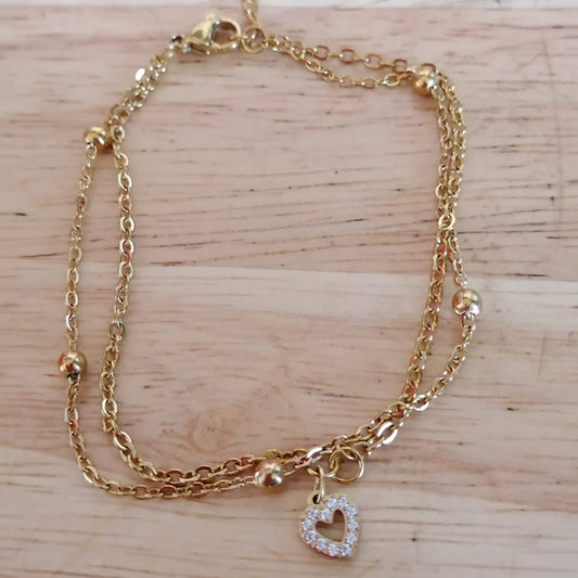 💖 Hélène fait main en acier inoxydable doré – Double chaîne & pendentif cœur diamanté 💖