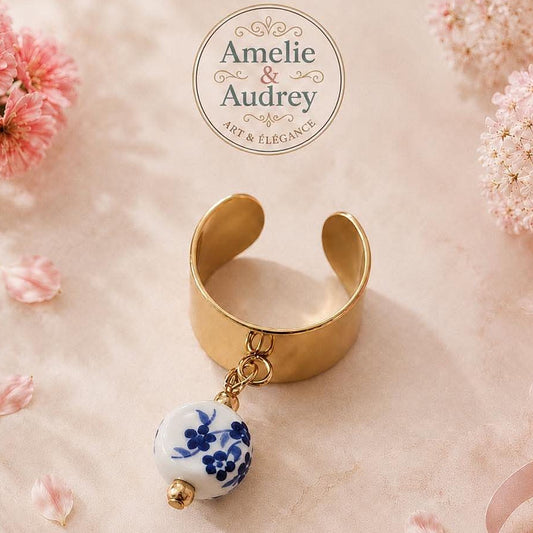 Bague Nina – Acier Inoxydable Doré & Breloque Porcelaine Fait Main