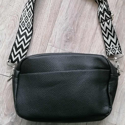 🖤 Sac à main noir avec bandoulière large noir & blanc – 22 x 14,5 cm 🖤