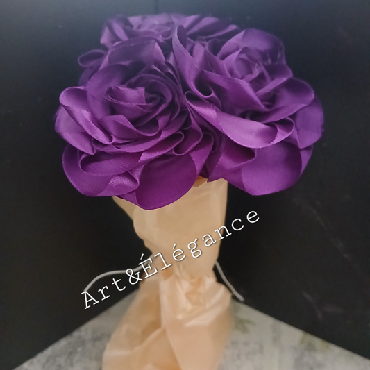 Bouquet de 3 roses satin faites main violette
