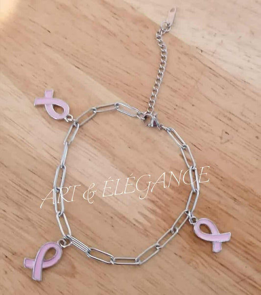 🎗️ Bracelet Rose en acier inoxydable argent – Octobre Rose 🎗️